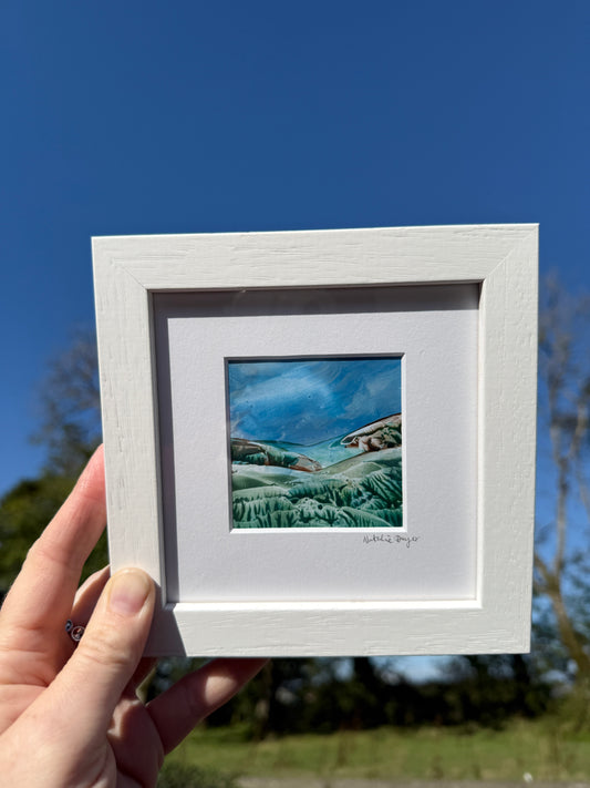 “Beyond the Fields I” - Framed Original Miniature Encaustic Wax Landscape Painting