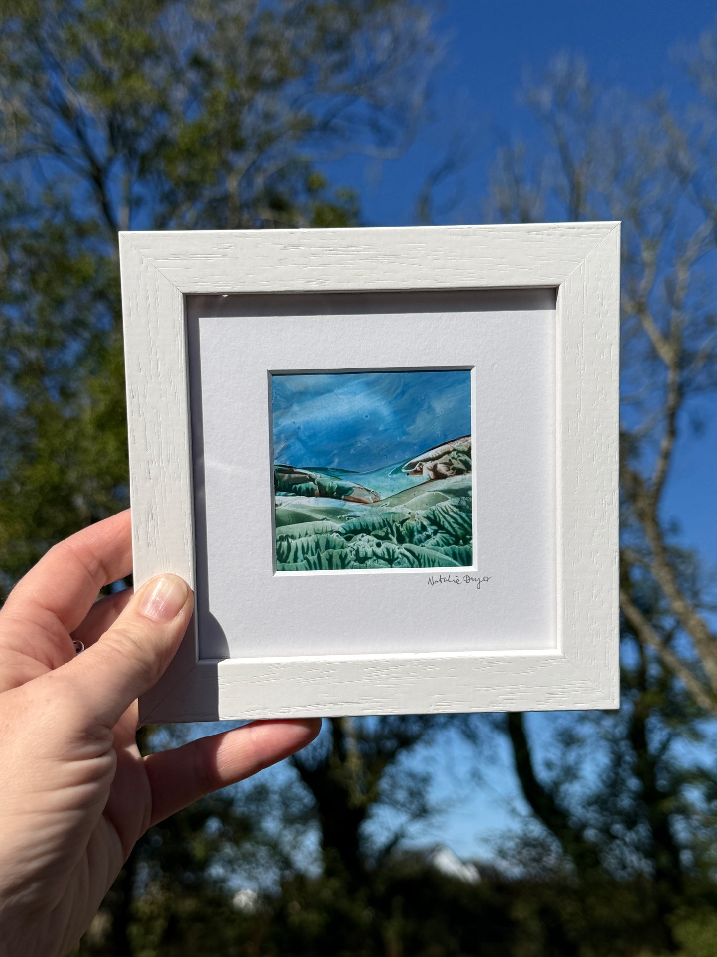“Beyond the Fields I” - Framed Original Miniature Encaustic Wax Landscape Painting